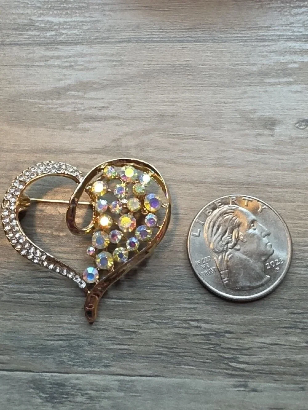 Gold Heart Brooch with Iridescent Crystals - Women Jewelry